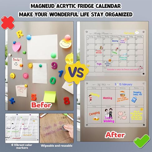 Magnetic Acrylic Calendar for Fridge 2 Pack 12"x16" Clear Dry Erase Monthly and Weekly Calendar 2 Small Magnetic Planning Boards 6 Colorful Markers 1 Magnetic Pen Holder 1 Wipe Rag 1 Hook in Saudi Arabia