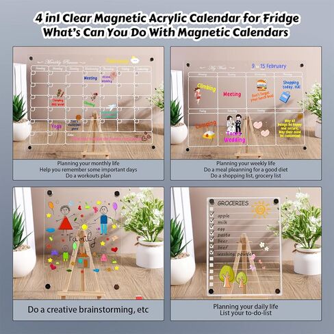 Magnetic Acrylic Calendar for Fridge 2 Pack 12"x16" Clear Dry Erase Monthly and Weekly Calendar 2 Small Magnetic Planning Boards 6 Colorful Markers 1 Magnetic Pen Holder 1 Wipe Rag 1 Hook in Saudi Arabia