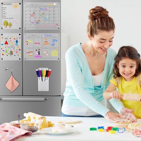 Magnetic Acrylic Calendar for Fridge 2 Pack 12"x16" Clear Dry Erase Monthly and Weekly Calendar 2 Small Magnetic Planning Boards 6 Colorful Markers 1 Magnetic Pen Holder 1 Wipe Rag 1 Hook in Saudi Arabia