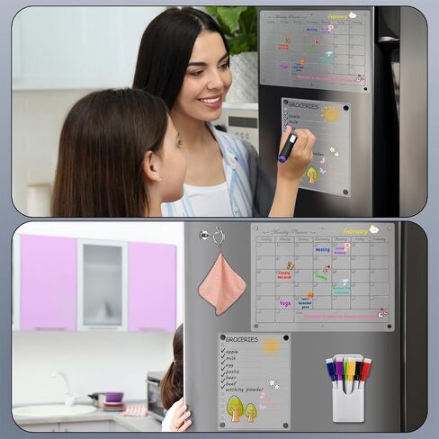 Magnetic Acrylic Calendar for Fridge 2 Pack 12"x16" Clear Dry Erase Monthly and Weekly Calendar 2 Small Magnetic Planning Boards 6 Colorful Markers 1 Magnetic Pen Holder 1 Wipe Rag 1 Hook in Saudi Arabia