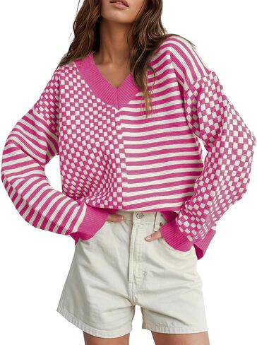 Womens Striped Checkered Sweater 2024 V Neck Long Sleeve Fall Sweaters Casual Knit Trendy Loose Pullover Tops in Saudi Arabia