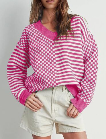 Womens Striped Checkered Sweater 2024 V Neck Long Sleeve Fall Sweaters Casual Knit Trendy Loose Pullover Tops in Saudi Arabia