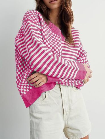 Womens Striped Checkered Sweater 2024 V Neck Long Sleeve Fall Sweaters Casual Knit Trendy Loose Pullover Tops in Saudi Arabia