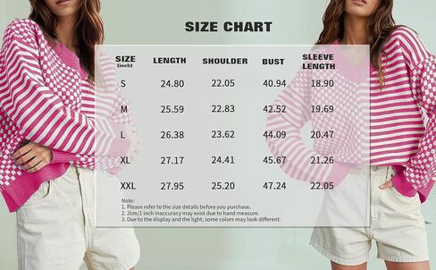 Womens Striped Checkered Sweater 2024 V Neck Long Sleeve Fall Sweaters Casual Knit Trendy Loose Pullover Tops in Saudi Arabia
