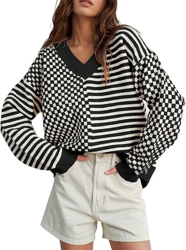 Womens Striped Checkered Sweater 2024 V Neck Long Sleeve Fall Sweaters Casual Knit Trendy Loose Pullover Tops in Saudi Arabia