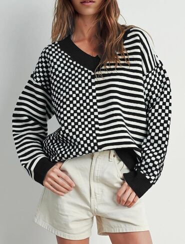 Womens Striped Checkered Sweater 2024 V Neck Long Sleeve Fall Sweaters Casual Knit Trendy Loose Pullover Tops in Saudi Arabia