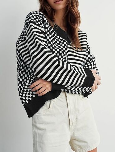 Womens Striped Checkered Sweater 2024 V Neck Long Sleeve Fall Sweaters Casual Knit Trendy Loose Pullover Tops in Saudi Arabia