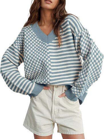 Womens Striped Checkered Sweater 2024 V Neck Long Sleeve Fall Sweaters Casual Knit Trendy Loose Pullover Tops in Saudi Arabia