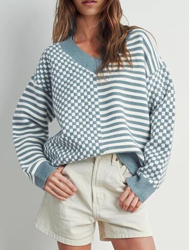 Womens Striped Checkered Sweater 2024 V Neck Long Sleeve Fall Sweaters Casual Knit Trendy Loose Pullover Tops in Saudi Arabia
