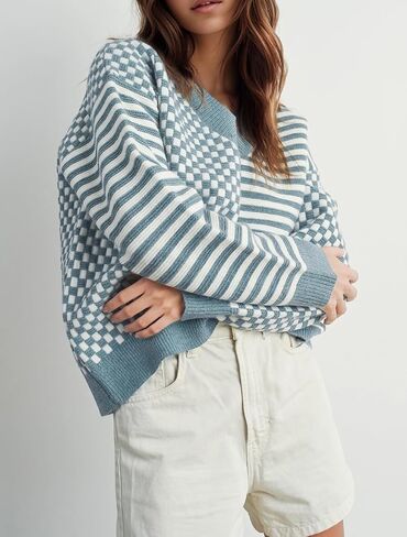 Womens Striped Checkered Sweater 2024 V Neck Long Sleeve Fall Sweaters Casual Knit Trendy Loose Pullover Tops in Saudi Arabia