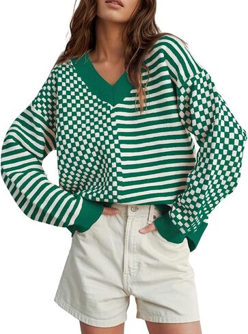 Womens Striped Checkered Sweater 2024 V Neck Long Sleeve Fall Sweaters Casual Knit Trendy Loose Pullover Tops in Saudi Arabia