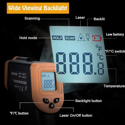 Infrared Thermometer Gun for Cooking, Laser Thermometer Gun for Blackstone Pizza Oven, -58℉~1022℉ Non Contact Temperature Gun with Carrying Storage Case, LCD Backlit (NOT for Human) in Saudi Arabia