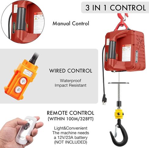 3 in 1 Electric Hoist Winch, 1100LBS Portable Hoist Lift Crane 16FT/MIN 110 Volt Winch with Remote Control Wireless 82FT Electric Winch, 110V 500W with Overload Control, Orange in Saudi Arabia