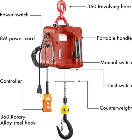 3 in 1 Electric Hoist Winch, 1100LBS Portable Hoist Lift Crane 16FT/MIN 110 Volt Winch with Remote Control Wireless 82FT Electric Winch, 110V 500W with Overload Control, Orange in Saudi Arabia