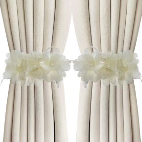 2PCS Handmade Curtain Tiebacks Flower Pearl Feather Adjustable Elegant Blue Floral Tie Backs for Curtains Drapes Window Fancy Cute Creative Curtain Buckle Strap for Home Bedroom Decorative