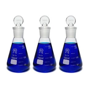 مجموعة قوارير مخروطية من نوع Erlenmeyer سعة 150 مل مع سدادات زجاجية أرضية، زجاج بوروسيليكات متدرج 3.3، عبوة من 3 قطع