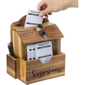 MyGift Premium Solid Acacia Wood Suggestion Box, Wall Mountable Feedback Collector with Black Cursive Suggestions Lettering, Comment Card Slot, Pen Holder, Top Lock and Keys