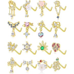Tornito 16Pcs 20G Nose Rings L Shaped Nose Studs for Women Stainless Steel Heart Snake Flower Bowknot CZ Butterfly Moon Dangle Nose Stud Ring Body Piercing Jewelry Silver Gold Tone