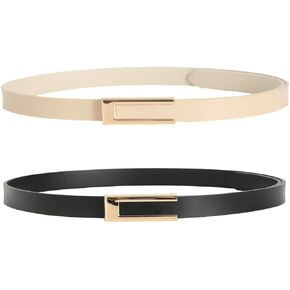 2 Pack Women's Leather Skinny Waist Belts for Dresses Jeans Pants with Golden Buckle