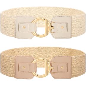 WERFORU 2 Pack Women Straw Woven Elastic Stretch Belt, Ladies Summer Rattan Braided Boho Waist Belts for Dresses and Jeans