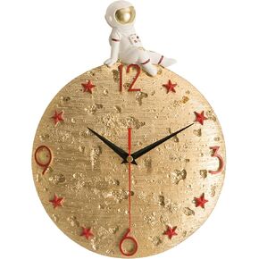 Space Theme Wall Clock, Astronaut Moon Wall Clock for Kids Room Nursery, 12 Inch Modern Silent Decorative Clock for Bedroom Living Room Kitchen Decor, for Children Boys and Girls Gift - Gold