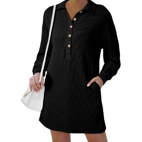 AlvaQ Womens Long Sleeve Dress Loose Button Front Lapel Collared Ribbed Knit Mini Dresses with Pockets
