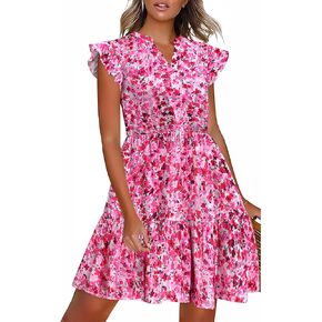 HOTOUCH Women Printed Dress for Summer Short Ruffle Sleeve Dress Tiered Mini Dress with Pockets