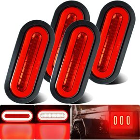 4Pcs 6" inch Oval LED Trailer Utility Halo Brake Stop Running Turn Signal Tail Lights Kit Red 52 LEDs w/Rubber Grommet Sealed Waterproof IP67 for RV/Van, DC 12V