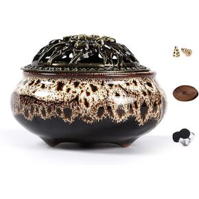 Ceramic Incense Burner with Incense Stick Holder + Insulation use for Stick or Coil Incense, Sage Cones and Frankincense (Fambe Blue)