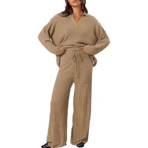 Cakulo المرأة 2024 صالة مجموعات 2 قطعة ملابس متماسكة سترة مطابقة مجموعة مضلع واسعة الساق ملابس رياضية in Kuwait