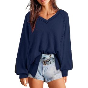 Acelitt Women Casual Fall Long Lantern Sleeve V Neck Lightweight Loose Blouse Tops, S-XXL