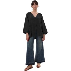 Women's 100% Linen Shirts Long Sleeve V Neck Blouses Button Down Tops
