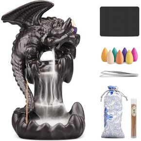 Dragon Backflow Incense Holder Waterfall Incense Burner, Smoke Incense Holder with 70 Incense Cones+50 Incense Stick,1 Mat,1 Tweezers Aromatherapy Ornament Home Decor（Black Brown）
