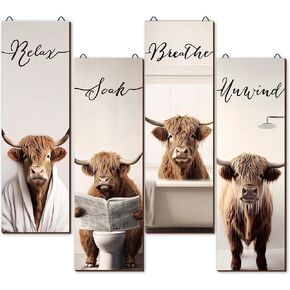 YLOLUL 4 Pieces Highland Cow Bathroom Decor Wood Relax Soak Unwind Breathe Farmhouse Bathroom Decor Rustic Cow Bathroom Decor Sign Hanging Cow Sign for Home Laundry Room Bathroom (Cow) in Saudi Arabia