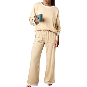 Aleumdr Women's 2 Piece Outfits Lounge Set Long Sleeve Pullover Top with Wide Leg Pants Tracksuit Matching Set 2024