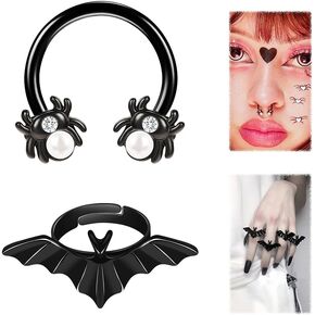 ZS Halloween Spider Septum Clicker Rings, 16G CZ Vampire Bat Hinged Segment Rings, Stainless Steel Nose Rings Nose Piercing Jewelry Black Daith Cartilage Hoop Earring for Women Men