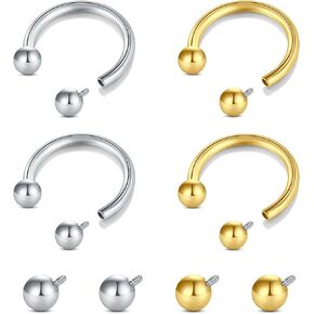 Longita Internally Threaded Septum Ring Silver Black Gold Septum Rings 16G Septum Piercing Surgical Steel Septum Jewelry Septum Nose Rings 16 Gauge Small Septum Ring Horseshoe With Replacement Balls