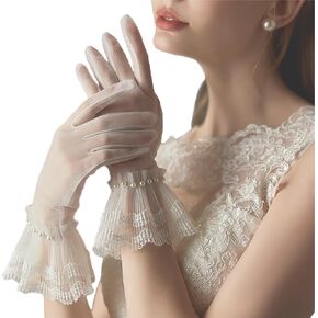 White Mesh Gloves Lace Ruffled Wedding Gloves Sheer Tulle Pearl Gloves Elegant Opera Tea Party Gloves Bridal Accessories for Women Formal