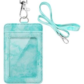 Marble Pattern Badge Holder, Life-Mate ID Badge Holder in PU Leather with 1 Clear ID Window 1 Credit Card Slot and PU Leather Lanyard for Badge Credit Cards College ID Cards in Pink Marbling