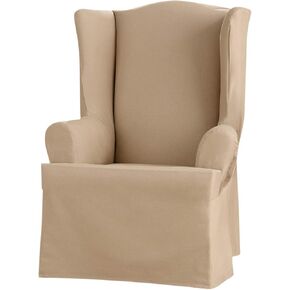 SureFit Heavyweight Cotton Duck Chair Slipcovers, Heavyweight Cotton Chair Cover, One Piece Design, Armchair Cover with Seat Elastic and Adjustable Corner Ties, Khaki