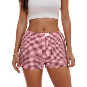 Sumleno Womens Y2k Aesthetic Boxer Shorts Plaid Elastic Waist Lounge Pj Bottoms Summer Casual Gingham Pajamas Shorts