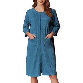 Ekouaer Women Zipper Robes 3/4 Sleeve Ribbed Knit Bathrobe Lightweight Knee Length Loungewear Housecoat with Pockets S-3XL