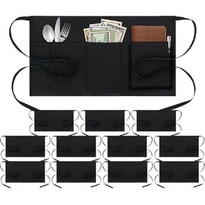 Server Aprons Waitress Aprons with 3 Pockets - Black for Women Men Waiter Restaurant Waist Aprons, 24 X 12 inch