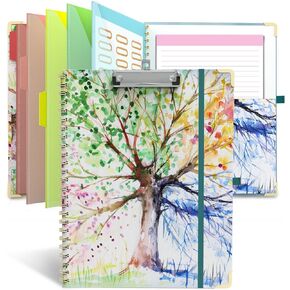 Clipboard Folder with Notepad Refillable Lined for Letter Size (11" x 8.5"), 5 Dividers with Storage 10 Pockets, Cute Spiral Foldable Clipboard with Metal Clip School Office Supplies(Garden Flowers)