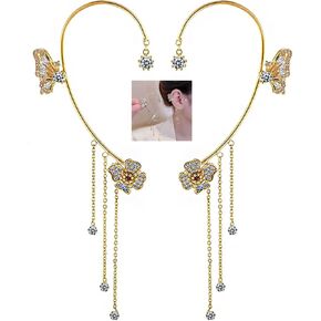 Butterfly Tassel Zircon Earrings,Butterfly Flowers no Piercing Ear Clips for Women Long Chain Crystal Butterfly Ear Cuff Earrings