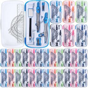 Zonon 24 Sets Math Geometry Kit Student Supplies with Shatterproof Storage Box Includes Compass, Rulers, Protractor, Eraser, Pencil Sharpener, Lead Refills, Pencil for Students Drafting Drawings