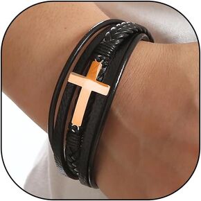 Layered Woven Leather Rope Cross Bracelets, Silver Stainless Steel Buckle Statement Bracelets, Trendy Sports Jewelry Gifts for Women Men Women