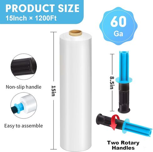 فيلم باندري الممتد، 15 بوصة × 1200 قدم لكل لفة، غلاف قابل للتمدد، غلاف شفاف مع مقابض، غلاف بلاستيكي لتحريك غلاف البليت، عبوتان، 60 مقياس، مقابضان in Kuwait