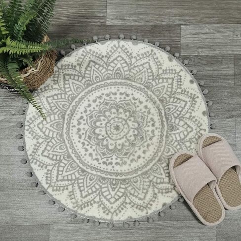 Uphome Small Round Rug 2’ Boho Beige and Black Bathroom Rug with Pom Poms Fringe Washable Mandala Circle Shower Mat Soft Non-Slip Cute Circular Throw Rug for Sink Powder Room Kids Room Nursery in Kuwait
