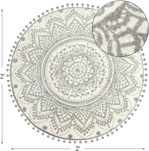 Uphome Small Round Rug 2’ Boho Beige and Black Bathroom Rug with Pom Poms Fringe Washable Mandala Circle Shower Mat Soft Non-Slip Cute Circular Throw Rug for Sink Powder Room Kids Room Nursery in Kuwait